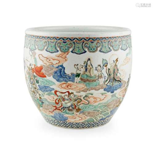 LARGE FAMILLE VERTE 'INVESTITURE OF THE GODS' FISH BOWL POSSIBLY LATE QING DYNASTY 44cm diam