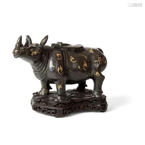 INLAID BRONZE CENSER IN THE FORM OF A RHINOCEROS 32cm long