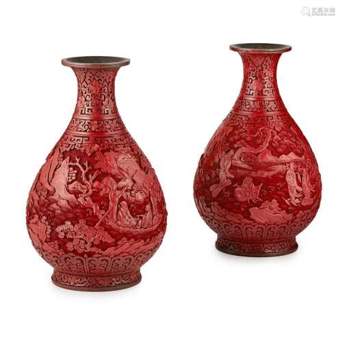 PAIR OF CINNABAR LACQUER 'EIGHT IMMORTALS' VASES LATE 19TH/EARLY 20TH CENTURY 30cm high