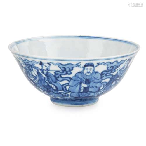 BLUE AND WHITE 'EIGHT IMMORTALS' BOWL QIANLONG MARK BUT LATE QING DYNASTY/REPUBLIC PERIOD 11cm diam