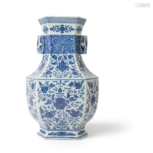 BLUE AND WHITE HEXAGONAL-SECTION VASE QIANLONG MARK BUT LATER 46cm high