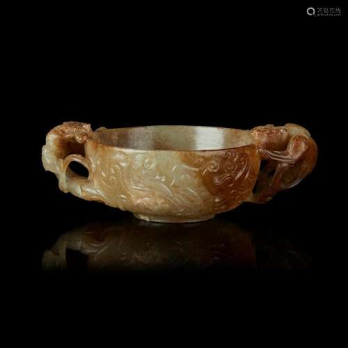 CELADON AND RUSSET JADE TWIN-HANDLE LIBATION CUP QING DYNASTY, 18TH/19TH CENTURY 11cm long