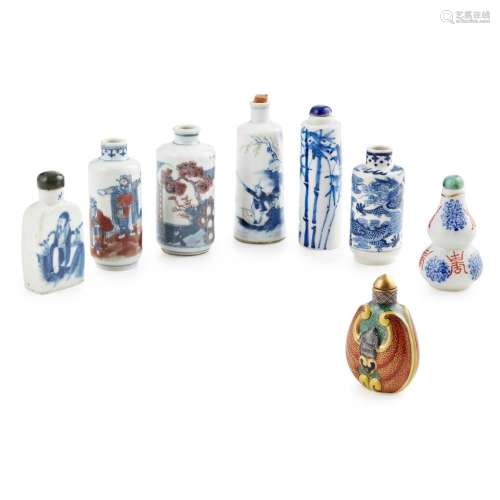 Y EIGHT PORCELAIN SNUFF BOTTLES 19TH/20TH CENTURY largest 9cm high (excluding stopper)