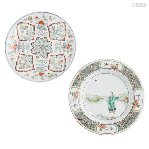 TWO FAMILLE VERTE DISHES KANGXI PERIOD larger one 22.5cm diam