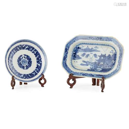 TWO BLUE AND WHITE DISHES QING DYNASTY, 19TH CENTURY larger one 20.5cm wide