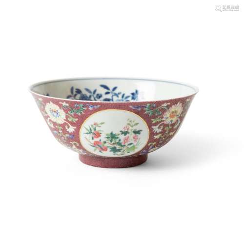 FAMILLE ROSE SGRAFFIATO RUBY-GROUND 'MEDALLION' BOWL JIAQING MARK AND OF THE PERIOD 18.3cm diam