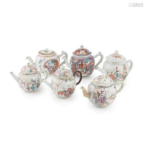 SIX EXPORT FAMILLE ROSE TEAPOTS QING DYNASTY, LATE 18TH/EARLY 19TH CENTURY Largest 15cm high