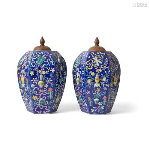 PAIR OF RELIEF-DECORATED HEXAGONAL JARS QING DYNASTY, 19TH CENTURY 31cm high (excluding cover)