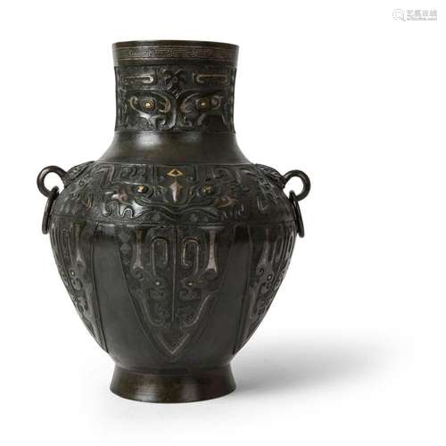 GOLD AND SILVER-INLAID BRONZE HU-FORM VASE QING DYNASTY, 18TH CENTURY 32cm high