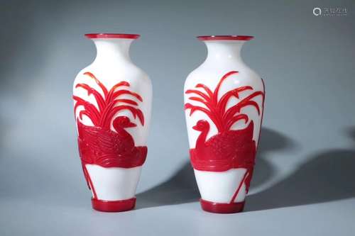 A PAIR OF RED-OVERLAY GLASS VASES