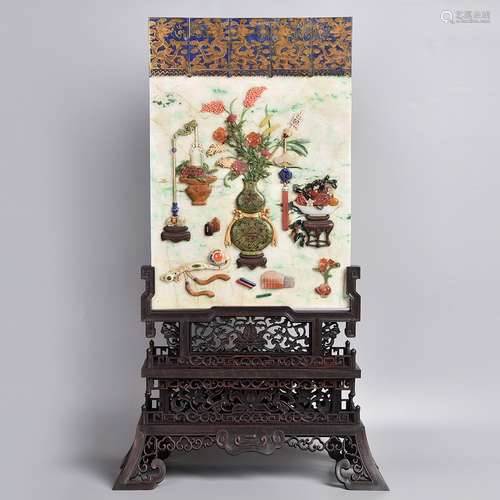 A JADE INLAID GEM TABLE SCREEN