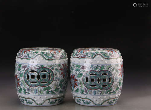 A PAIR OF DOUCAI STOOLS