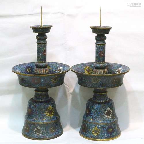 A PAIR OF CLOISONNE CANDLE STICKERS