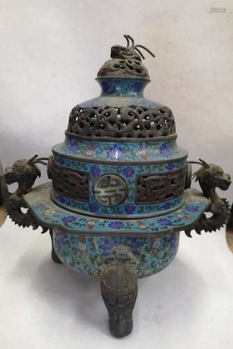 A CLOISONNE ENAMEL TRIPOD CENSER