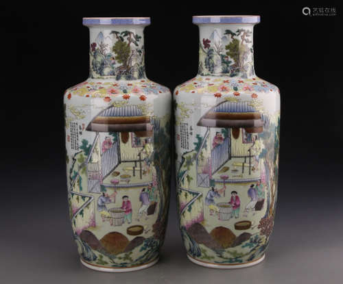 A PAIR OF FAMILLE ROSE MALLET VASES, KANGXI MARK