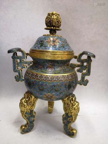 A CLOISONNE ENAMEL TRIPOD CENSER AND COVER