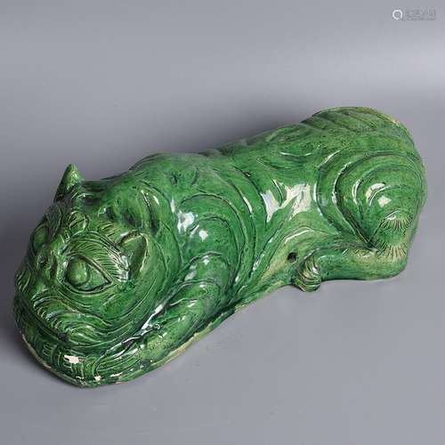 A GREEN GLAZED TIGER-FORM PILLOW