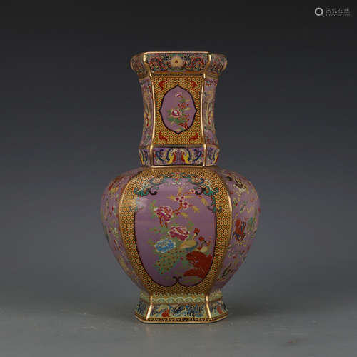 A FAMILLE ROSE FACETED VASE, QIANLONG MARK