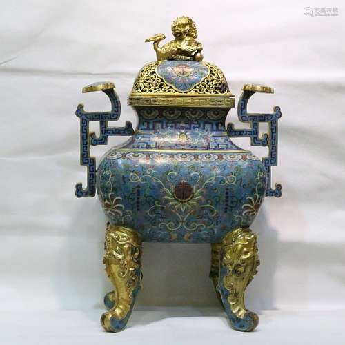 A CLOISONNE TRIPOD CENSER AND COVER, QIANLONG MARK