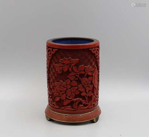 A RED LACQURE CARVED BRUSH POT