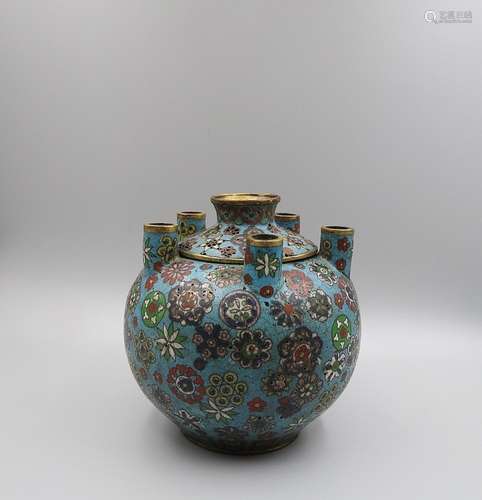 A CLOISONNE ENAMEL FIVE-TUBE VASE