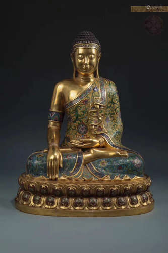 14-16TH CENTURY, A GILT BRONZE ENAMEL SAKYAMUNI DESIGN STATUE, MING DYNASTY