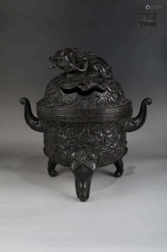 14-16TH CENTURY, A CLOUD&BAT PATTERN BRONZE CENSER WITH COVER, MING DYNASTY