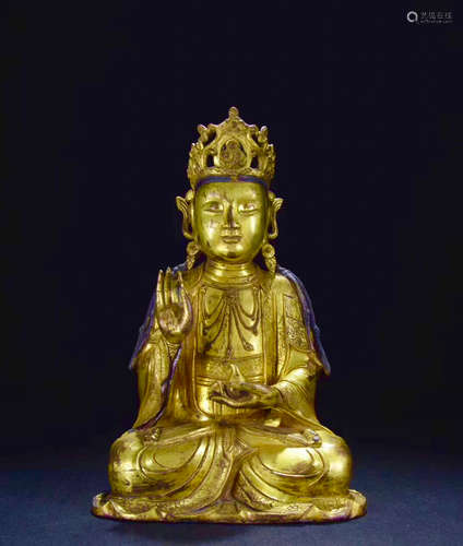 14-16TH CENTURY, A GILT BRONZE GUANYIN DESIGN STATUE, MING DYNASTY