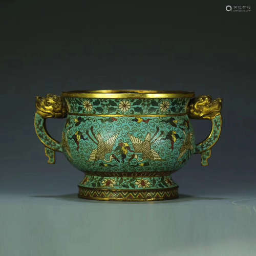 17-19TH CENTURY, A CLOISONNE DOUBLE-EAR FURNACE, QING DYNASTY