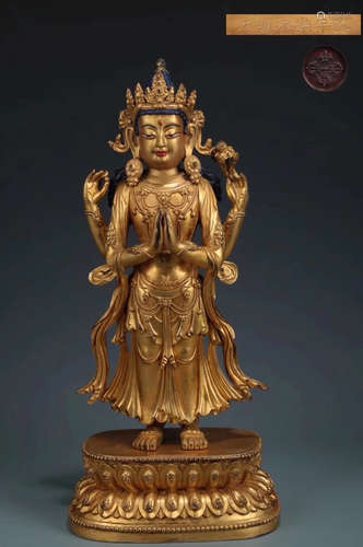 14-16TH CENTURY, A GILT BRONZE FOUR-ARM GUANYIN STATUE, MING DYNASTY