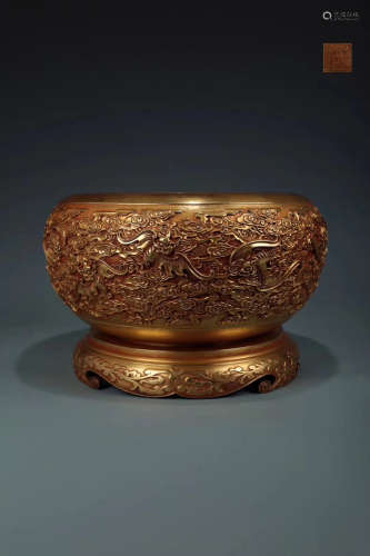 14-16TH CENTURY, A CLOUD&BAT PATTERN GILT BRONZE CENSER WITH BASE, MING DYNASTY