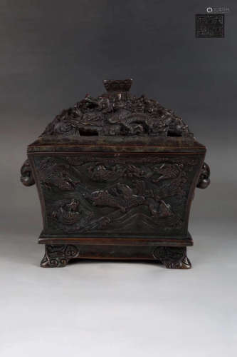 14-16TH CENTURY, A WAVE&BEAST PATTERN SQUARE CENSER WITH COVER, MING DYNASTY
