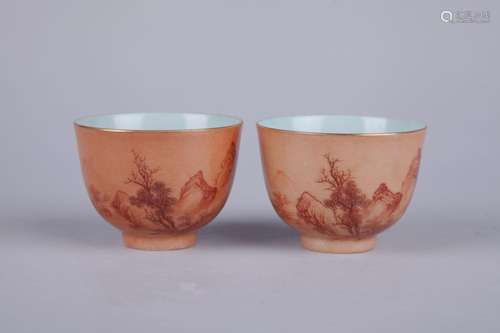 A PAIR OF CAFE-AU-LAIT-GLAZED 'LANDSCAPE' CUPS, QIANLONG MARK, QING DYNASTY