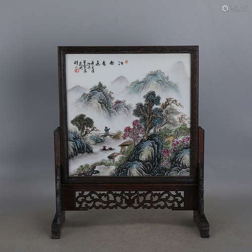 A FAMILE ROSE TABLE SCREEN, SIGNED 'WANG YUN QUAN', REPUBLIC PERIOD