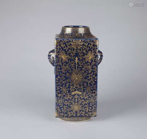 A GILT-DECORATED BLUE GROUND CONG-FORM VASE, GUANGXU MARK, QING DYNASTY