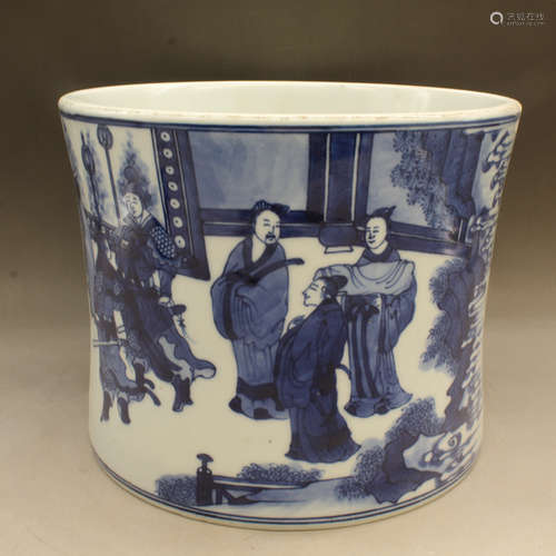 A BLUE AND WHITE 'FIGURES' BRUSH POT, KANGXI MARK, QING DYNASTY