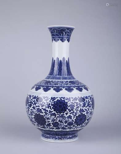 A BLUE AND WHITE 'FLORAL' BOTTLE VASE, QIANLONG MARK, QING DYNASTY