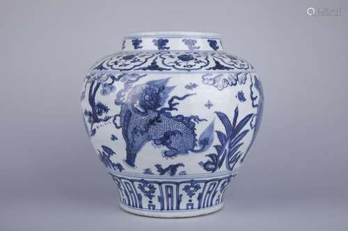 A BLUE AND WHITE 'MYTHICAL BEAST' JAR, MING DYNASTY