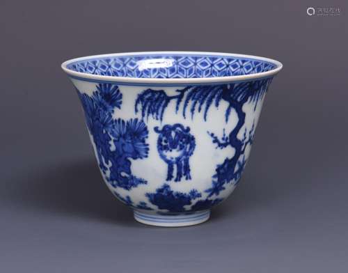 A BLUE AND WHITE 'THREE RAMS' CUP, JIAJING MARK, MING DYNASTY