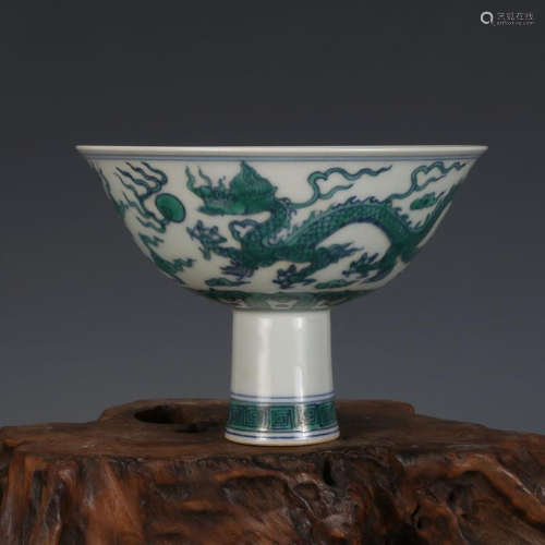 A BLUE AND GREEN DECORATED STEM BOWL, CHENGHUA MARK BUT QING DYNASTY