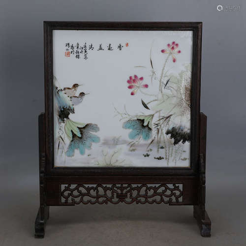 A FAMILE ROSE TABLE SCREEN, SIGNED 'ZHANG SHI BAO', REPUBLIC PERIOD