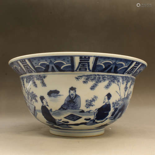 A LARGE BLUE AND WHITE 'SEVEN SAGES IN BAMBOO GROVE' BOWL, KANGXI MARK AND PERIOD