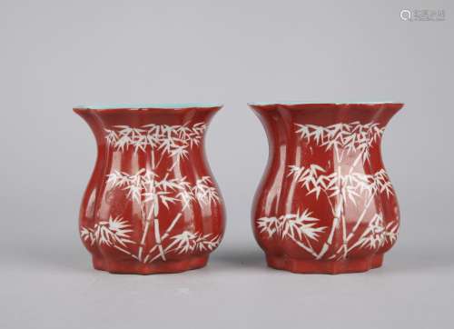 A PAIR OF IRON-RED-DECORATED WALL VASES, JIAQING MARK, QING DYNASTY