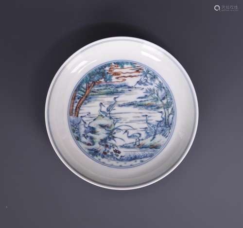 A DOUCAI 'CRANE' SAUCER DISH, YONGZHENG MARK, QING DYNASTY