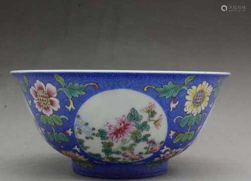 A FAMILLE ROSE BLUE GROUND SGRAFFITO BOWL, QIANLONG MARK, QING DYNASTY