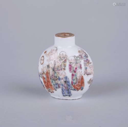 A FAMILLE ROSE 'EIGHTEEN LUOHAN' SNUFF BOTTLE, XIANFENG MARK, QING DYNASTY