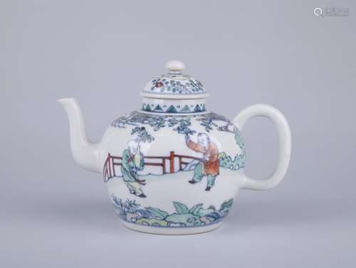 A DOUCAI 'BOYS' TEA POT, YONGZHENG MARK, QING DYNASTY