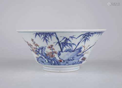 A COPPER-RED-DECORATED BLUE AND WHITE BOWL, QIANLONG MARK, QING DYNASTY