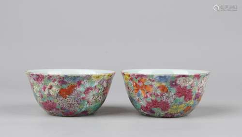 A PAIR OF YANGCAI MILLEFLEURS CUPS, QIANLONG MARK, QING DYNASTY