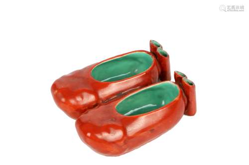 A Pair Of Chinese Iron Red Glazed Porcelain Shoes